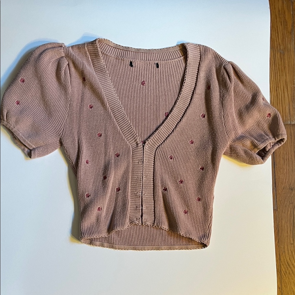 Pink Puff Sleeve Cardigan with Embroidered Details